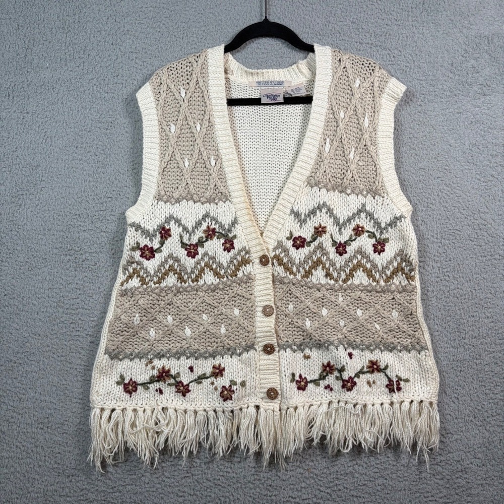 Vtg Huntington Ridge Hand Knit Floral Cardigan Sweater Vest Fringe Cottagecore L